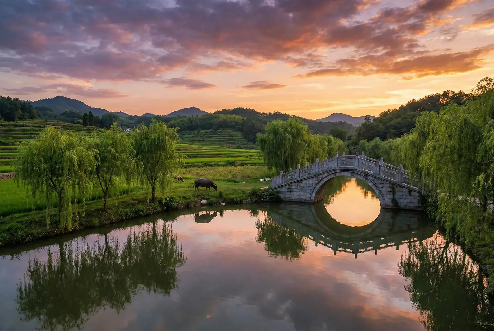 夕阳下的石拱桥与垂柳，水牛在河边吃草 - 完美世界动漫全集免费观看完整版 乡村美景
